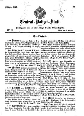 Zentralpolizeiblatt Freitag 5. Februar 1858