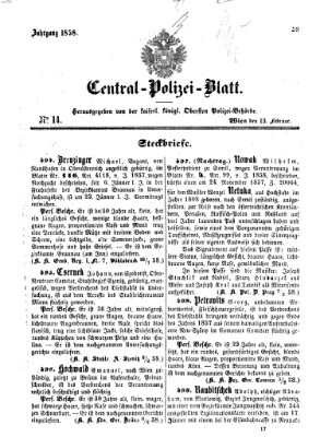 Zentralpolizeiblatt Samstag 13. Februar 1858