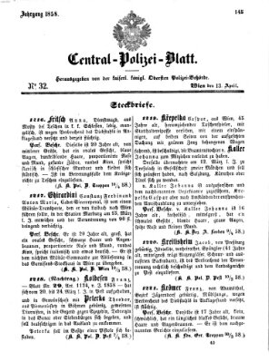 Zentralpolizeiblatt Dienstag 13. April 1858