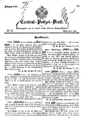 Zentralpolizeiblatt Dienstag 1. Juni 1858