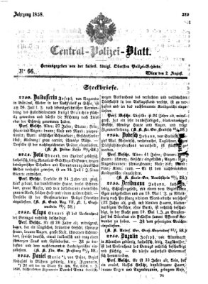 Zentralpolizeiblatt Montag 2. August 1858