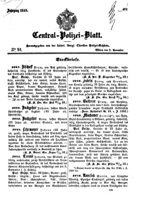 Zentralpolizeiblatt Dienstag 9. November 1858