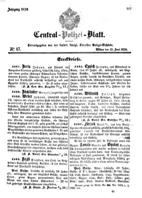 Zentralpolizeiblatt Mittwoch 15. Juni 1859