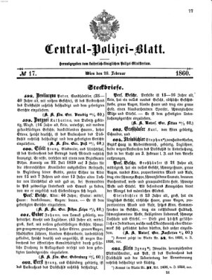 Zentralpolizeiblatt Dienstag 28. Februar 1860