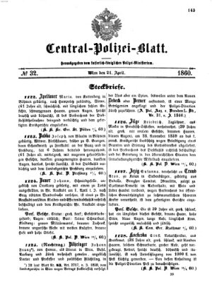 Zentralpolizeiblatt Samstag 21. April 1860