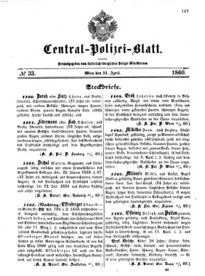 Zentralpolizeiblatt Dienstag 24. April 1860