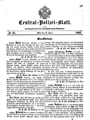 Zentralpolizeiblatt Montag 30. April 1860