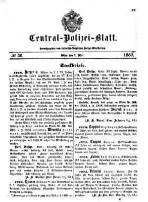 Zentralpolizeiblatt Mittwoch 2. Mai 1860