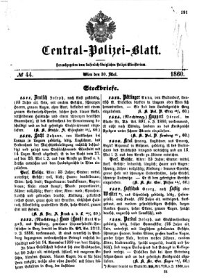 Zentralpolizeiblatt Mittwoch 30. Mai 1860