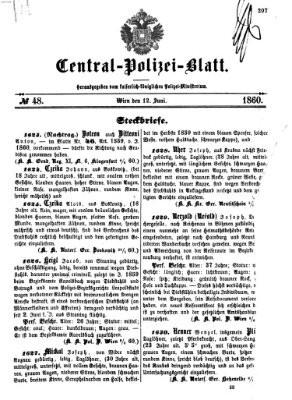 Zentralpolizeiblatt Dienstag 12. Juni 1860