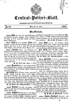 Zentralpolizeiblatt Freitag 15. Juni 1860