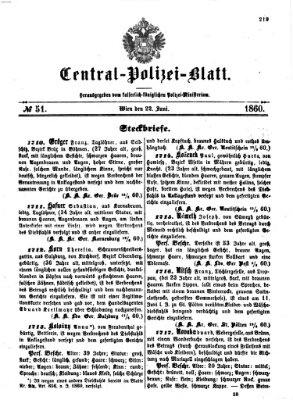 Zentralpolizeiblatt Freitag 22. Juni 1860