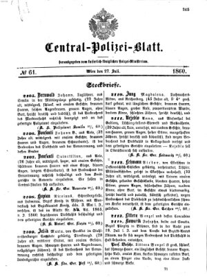 Zentralpolizeiblatt Freitag 27. Juli 1860