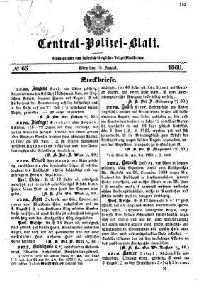 Zentralpolizeiblatt Freitag 10. August 1860