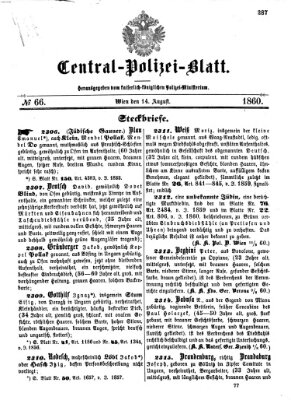 Zentralpolizeiblatt Dienstag 14. August 1860