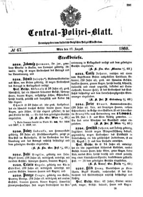 Zentralpolizeiblatt Freitag 17. August 1860