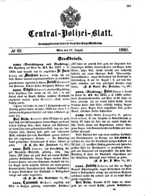 Zentralpolizeiblatt Dienstag 21. August 1860