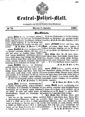 Zentralpolizeiblatt Dienstag 18. September 1860