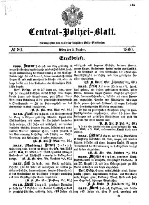 Zentralpolizeiblatt Dienstag 2. Oktober 1860