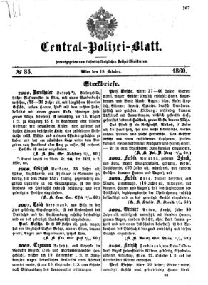 Zentralpolizeiblatt Freitag 19. Oktober 1860