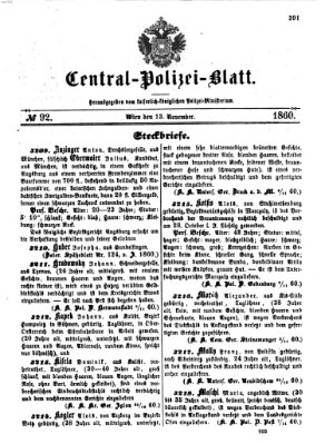 Zentralpolizeiblatt Dienstag 13. November 1860