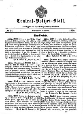 Zentralpolizeiblatt Dienstag 20. November 1860