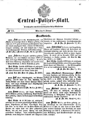 Zentralpolizeiblatt Samstag 9. Februar 1861