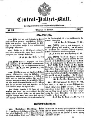 Zentralpolizeiblatt Samstag 16. Februar 1861