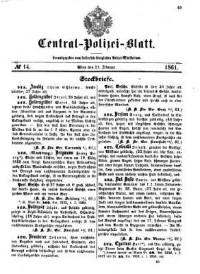 Zentralpolizeiblatt Donnerstag 21. Februar 1861