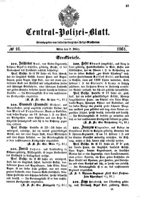 Zentralpolizeiblatt Samstag 2. März 1861