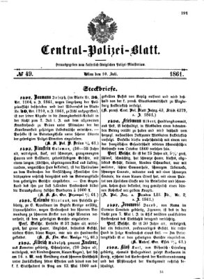 Zentralpolizeiblatt Mittwoch 10. Juli 1861