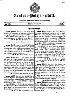 Zentralpolizeiblatt Samstag 17. August 1861