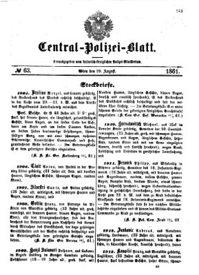 Zentralpolizeiblatt Donnerstag 29. August 1861