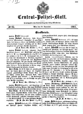 Zentralpolizeiblatt Mittwoch 20. November 1861