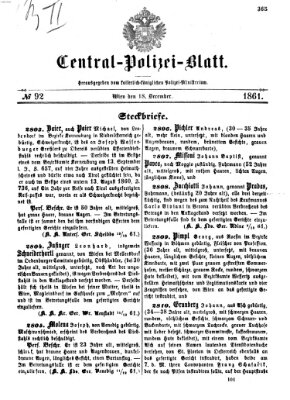 Zentralpolizeiblatt Mittwoch 18. Dezember 1861