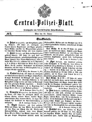 Zentralpolizeiblatt Mittwoch 15. Januar 1862