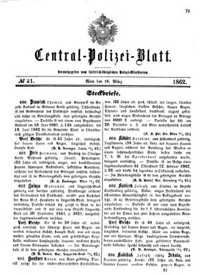 Zentralpolizeiblatt Mittwoch 26. März 1862