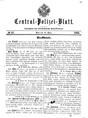 Zentralpolizeiblatt Montag 14. April 1862