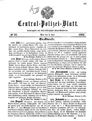 Zentralpolizeiblatt Donnerstag 5. Juni 1862