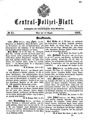 Zentralpolizeiblatt Dienstag 19. August 1862