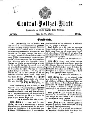 Zentralpolizeiblatt Mittwoch 29. Oktober 1862