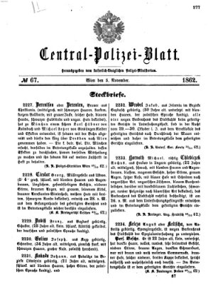 Zentralpolizeiblatt Mittwoch 5. November 1862