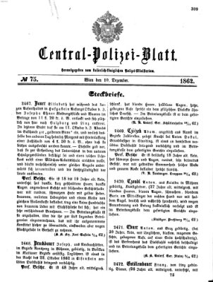 Zentralpolizeiblatt Mittwoch 10. Dezember 1862