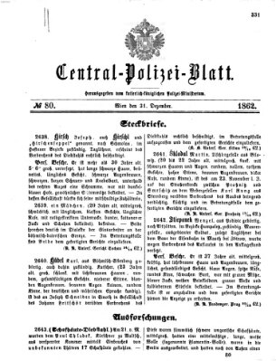 Zentralpolizeiblatt Mittwoch 31. Dezember 1862