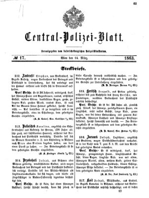 Zentralpolizeiblatt Samstag 14. März 1863