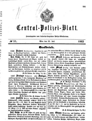 Zentralpolizeiblatt Mittwoch 22. Juli 1863