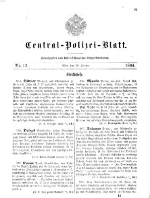 Zentralpolizeiblatt Samstag 20. Februar 1864