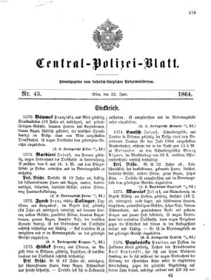 Zentralpolizeiblatt Mittwoch 22. Juni 1864