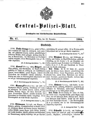 Zentralpolizeiblatt Mittwoch 30. November 1864