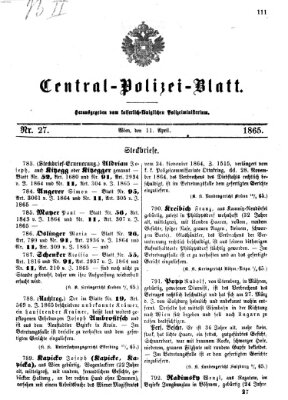 Zentralpolizeiblatt Dienstag 11. April 1865